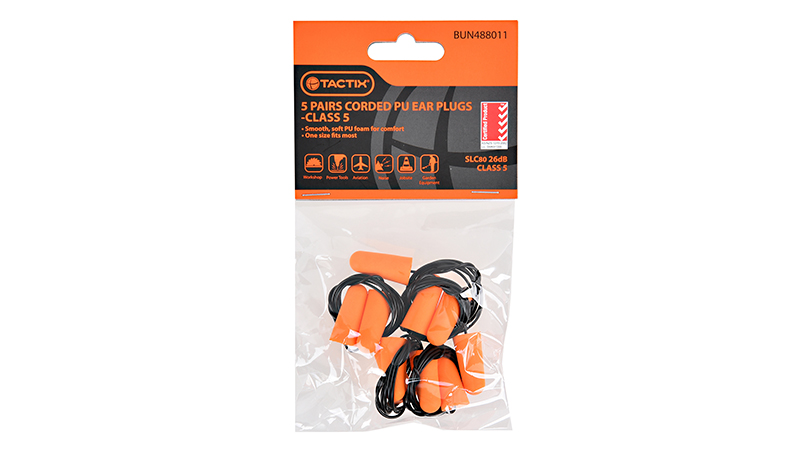 Tactix 5 Pairs Corded PU Ear Plugs Class 5